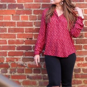LOFT Burgundy Red Floral Button Front Ruffle Long Sleeves